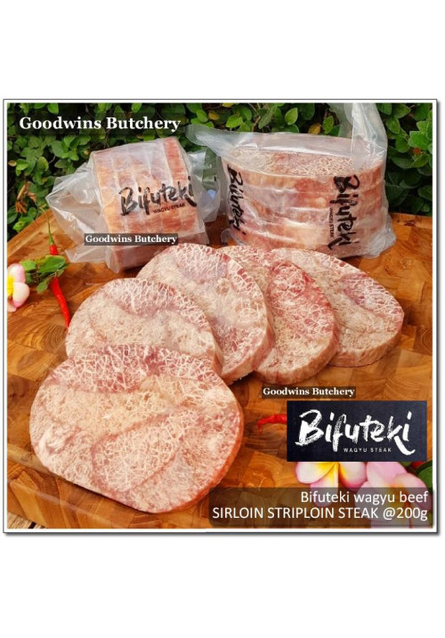 Beef Sirloin Striploin Porterhouse Has Luar Australia frozen MELTIQUE Wagyu BIFUTEKI steak +/- 3/4" ORIGINAL BAG (price/pack 1kg 5pcs)